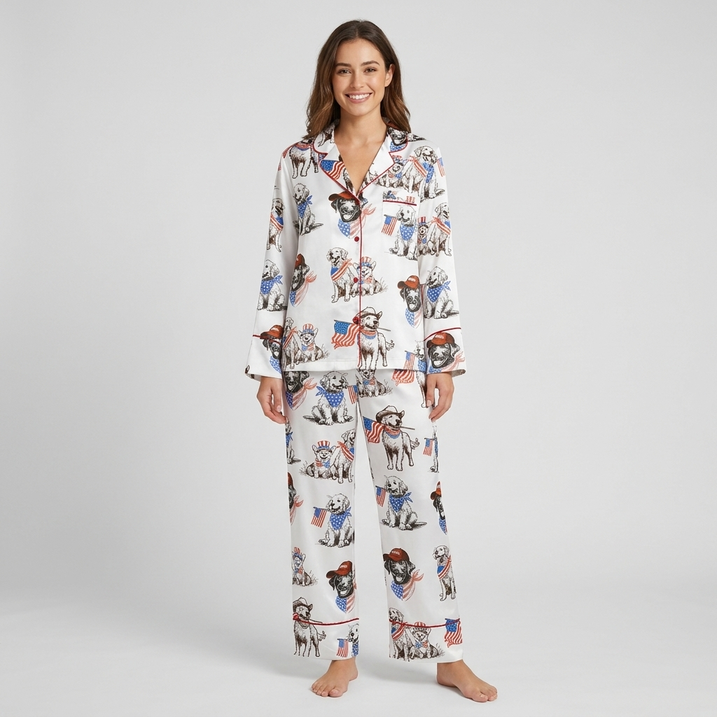 Women's satin pajama set with golden retrievers in star bandanas and ball caps carrying little flags - long sleeve and pants