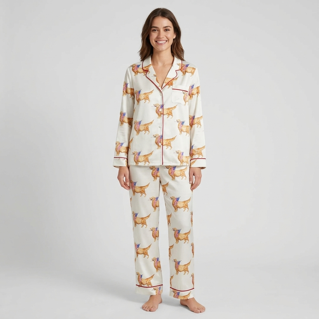 Women's satin pajama set with golden retrievers carrying little American flags in their mouths on white - long sleeve and pants