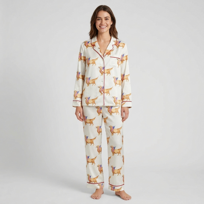 Women's satin pajama set with golden retrievers carrying little American flags in their mouths on white - long sleeve and pants