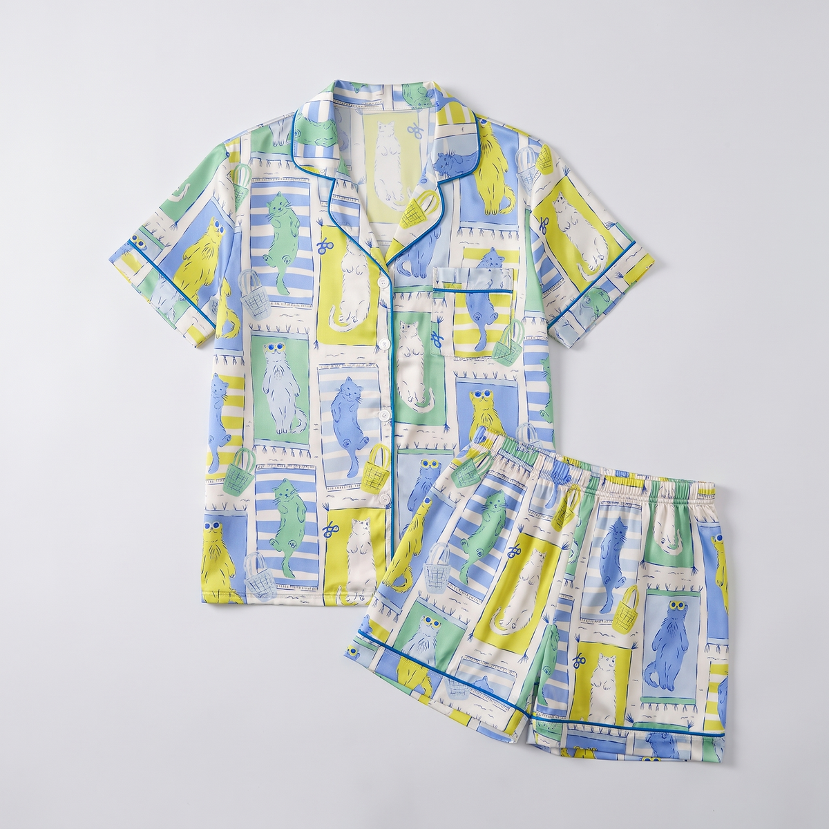 Lounging Kitty Tiles Women's Pajama Set - flat lay