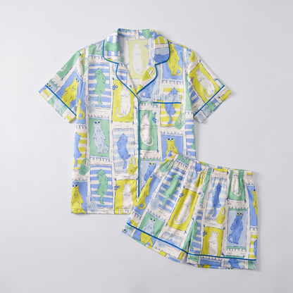 Lounging Kitty Tiles Women's Pajama Set - flat lay