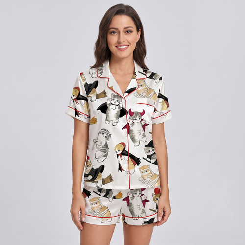 Spooky Costume Kittens Women's Pajama Set - short sleeve and shorts