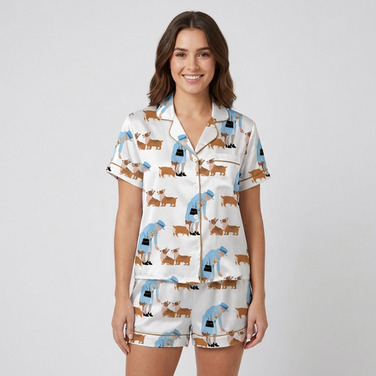 Women's satin pajama set with a lady in a sky-blue coat walking her corgis on white - short sleeve and shorts