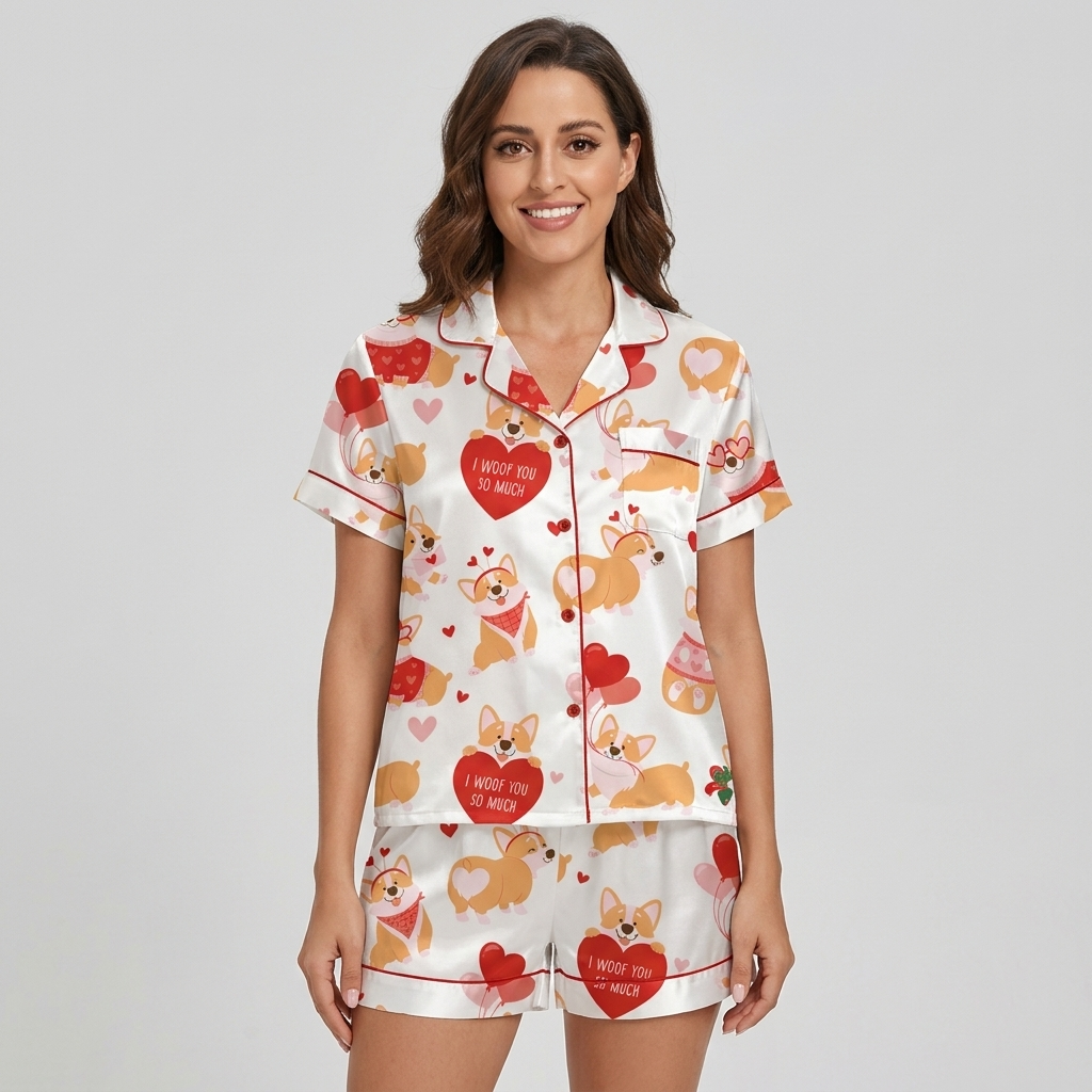Women's satin pajama set with corgis in heart sunglasses with red hearts on white - short sleeve and shorts