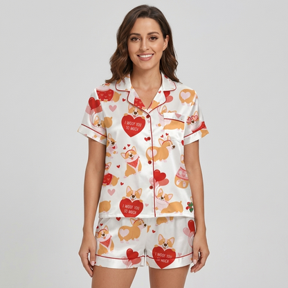 Women's satin pajama set with corgis in heart sunglasses with red hearts on white - short sleeve and shorts