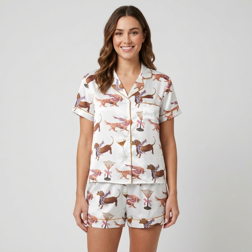 Women's satin pajama set with chestnut dachshunds in floral scarves beside martini glasses on white - short sleeve and shorts