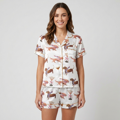 Women's satin pajama set with chestnut dachshunds in floral scarves beside martini glasses on white - short sleeve and shorts