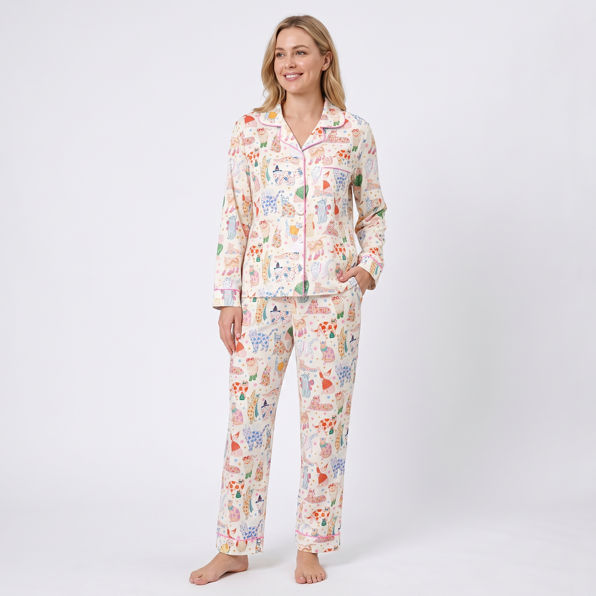 Fancy Cats Women's Pajama Set - Cream - long sleeve and pants