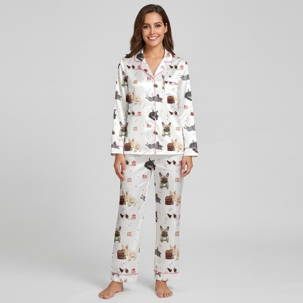Women's satin pajama set with French bulldogs beside chocolate cake slices on white with pink piping - long sleeve and pants