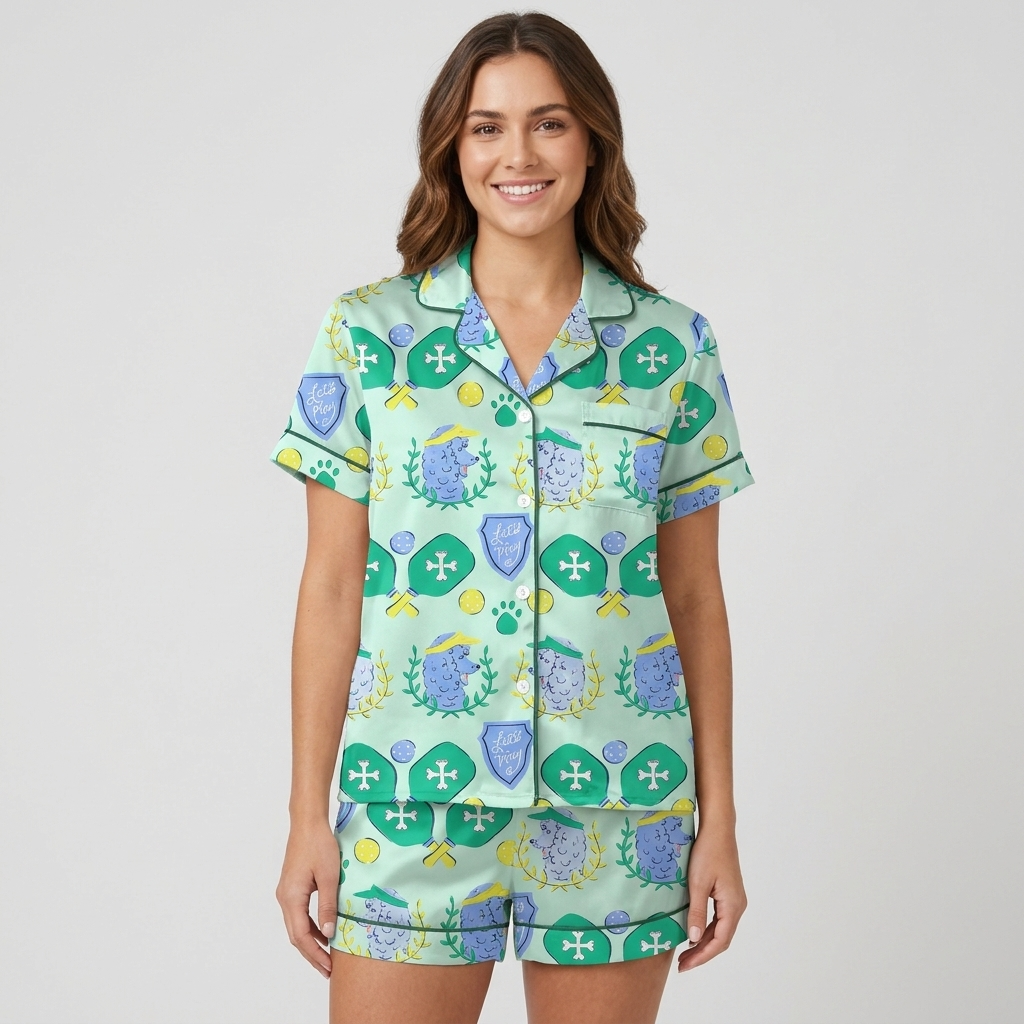 Pickleball Poodles Women's Pajama Set - Mint Green short sleeve and shorts
