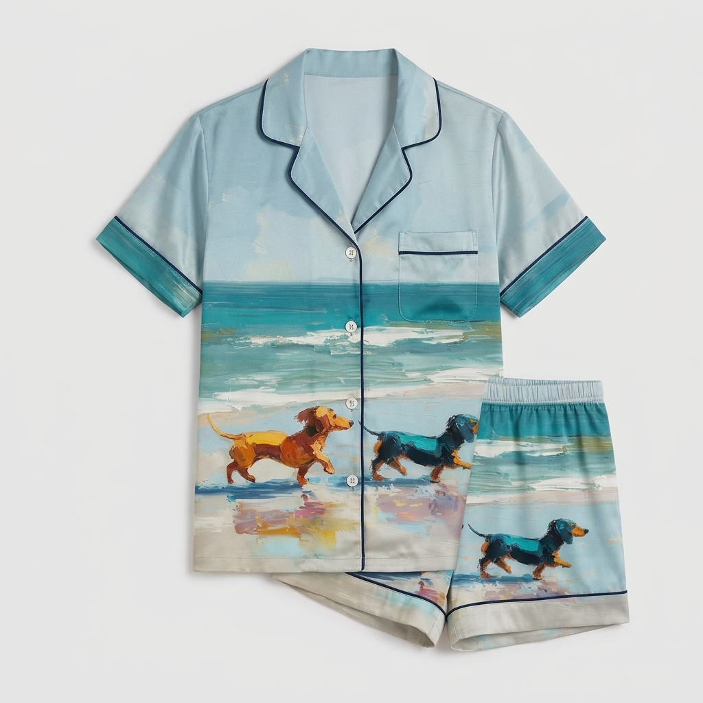 Women's satin pajama set in sky blue with a red and a black dachshund racing along an oil-painted shoreline - flat lay