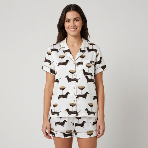Women's long-sleeve satin pajama set with black dachshunds beside gold-stemmed coupe glasses on white - short sleeve and shorts