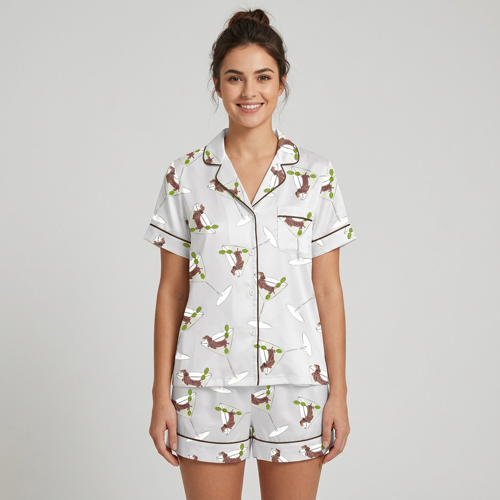 Women's satin pajama set with brown dachshunds leaping around martini glasses and olive picks on pale gray - short sleeve and shorts