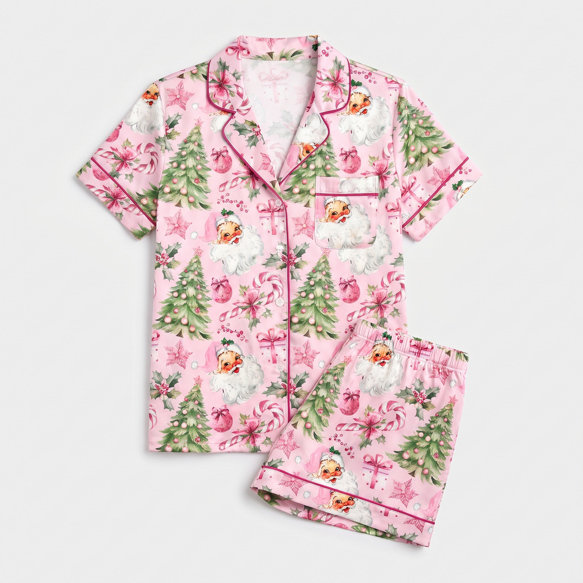 Pink Santas & Trees Women's Pajama Set - flat lay