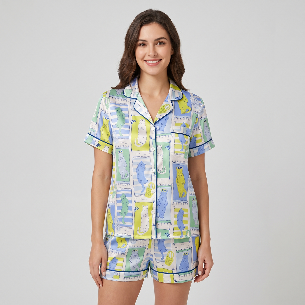 Lounging Kitty Tiles Women's Pajama Set - short sleeve and shorts