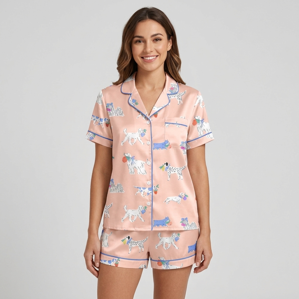 Women's satin pajama set with Dalmatians in periwinkle bows holding tiny bouquets on soft blush pink - short sleeve and shorts