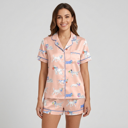 Women's satin pajama set with Dalmatians in periwinkle bows holding tiny bouquets on soft blush pink - short sleeve and shorts