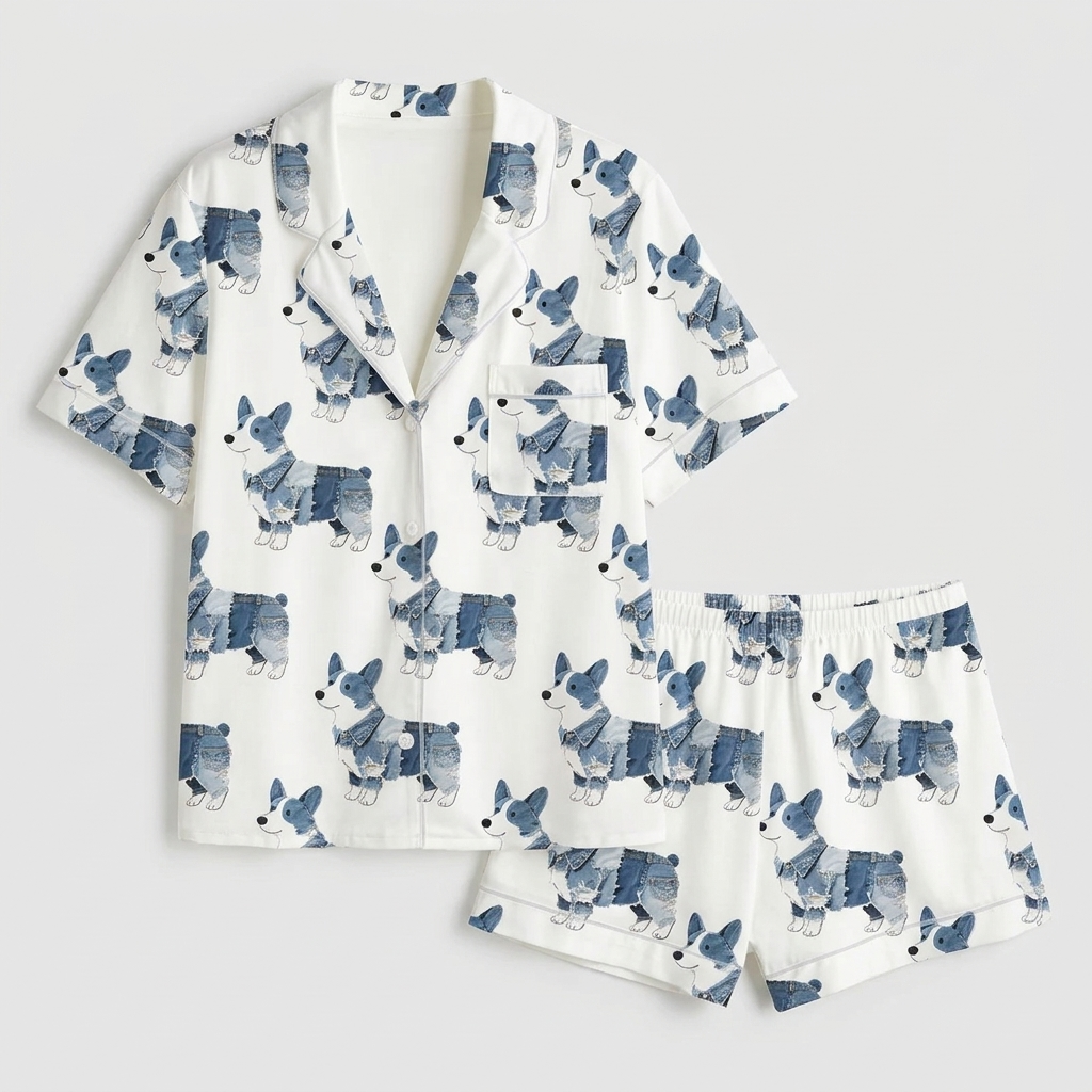 Women's satin pajama set with watercolor indigo corgis in neat rows on white - flat lay