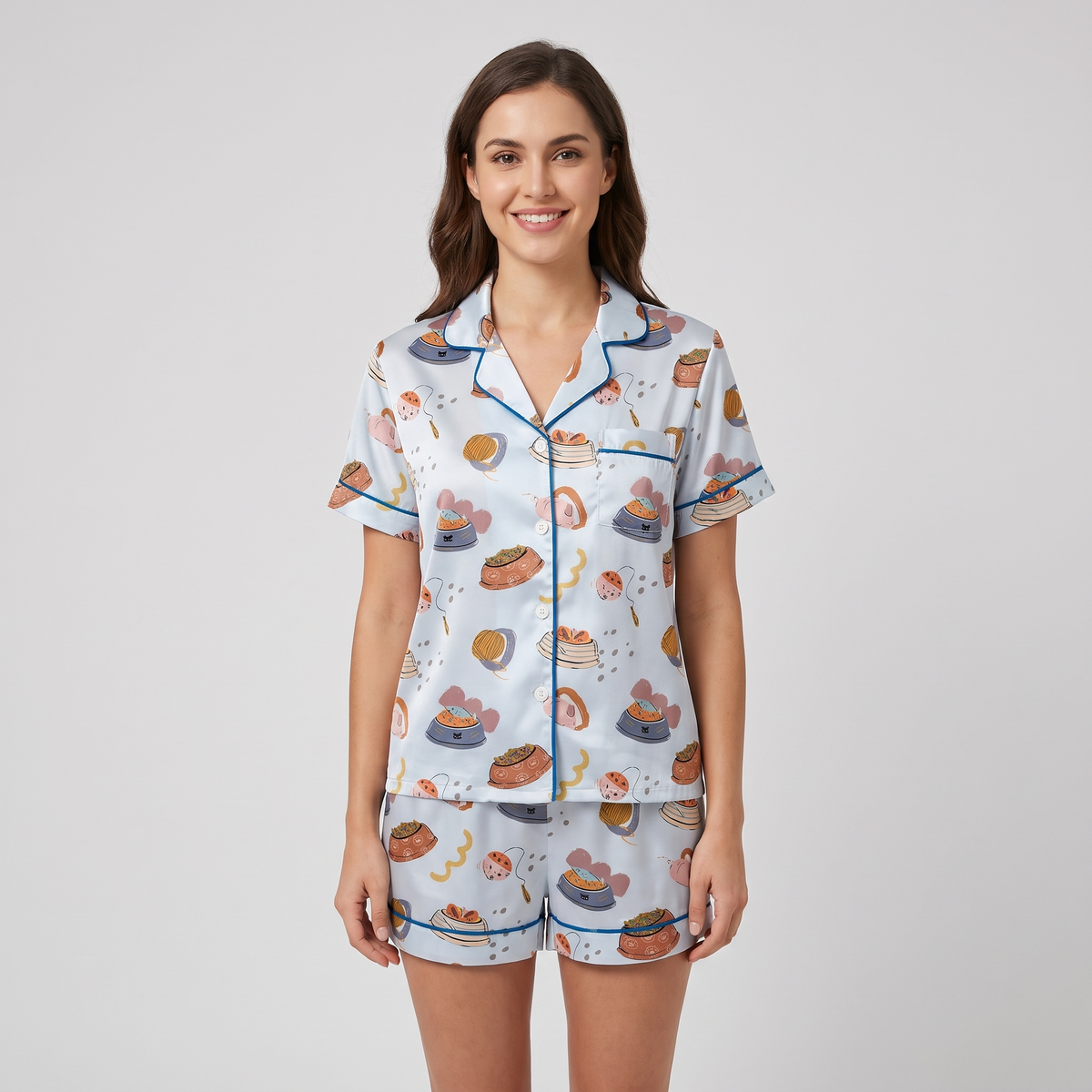 Kibble Bowl Cats Women's Pajama Set - Light Blue