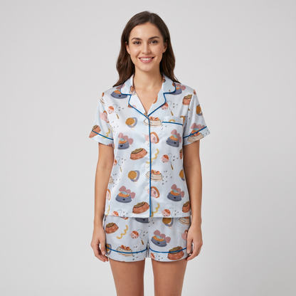 Kibble Bowl Cats Women's Pajama Set - Light Blue