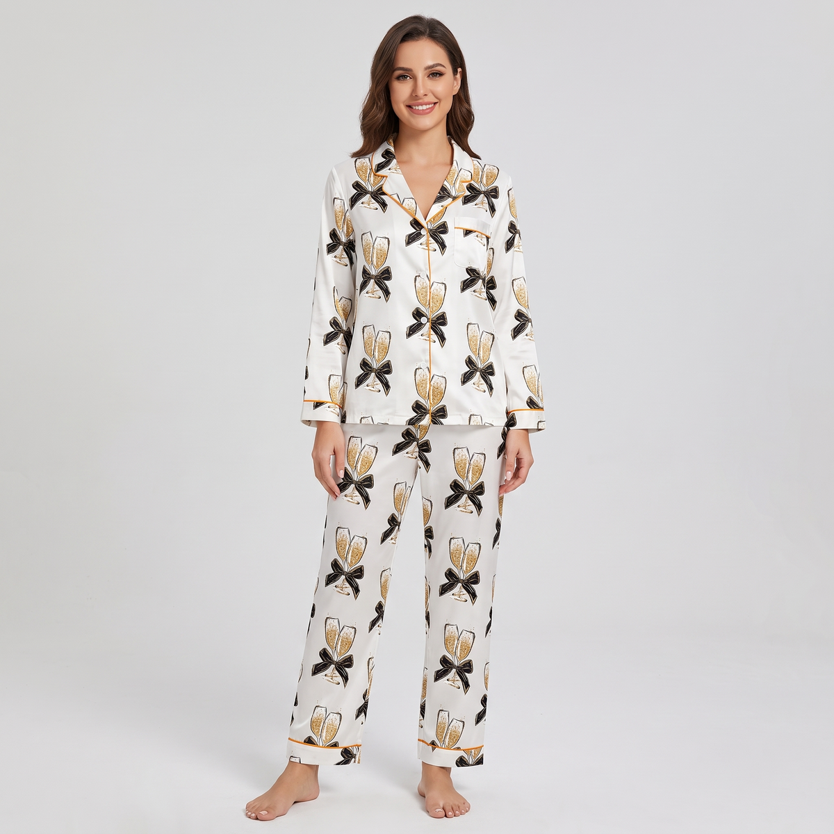 Champagne & Black Bows Women's Pajama Set - long sleeve and pants