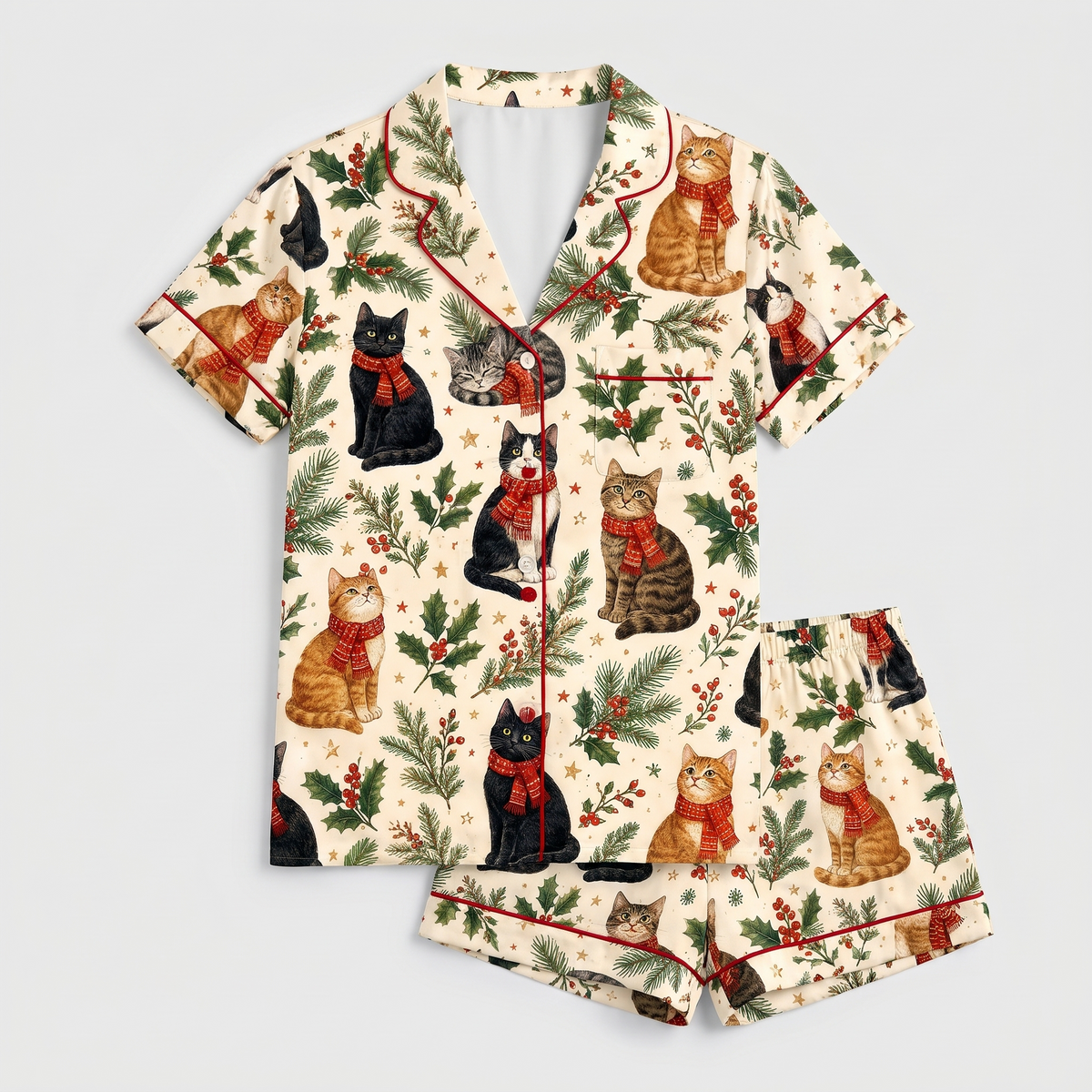 Holly Scarf Cats Christmas Women's Pajama Set - flat lay