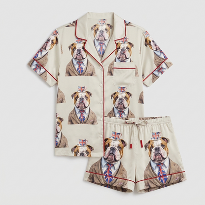 Women's satin pajama set with an English bulldog in a tweed jacket balancing a teacup on cream - flat lay