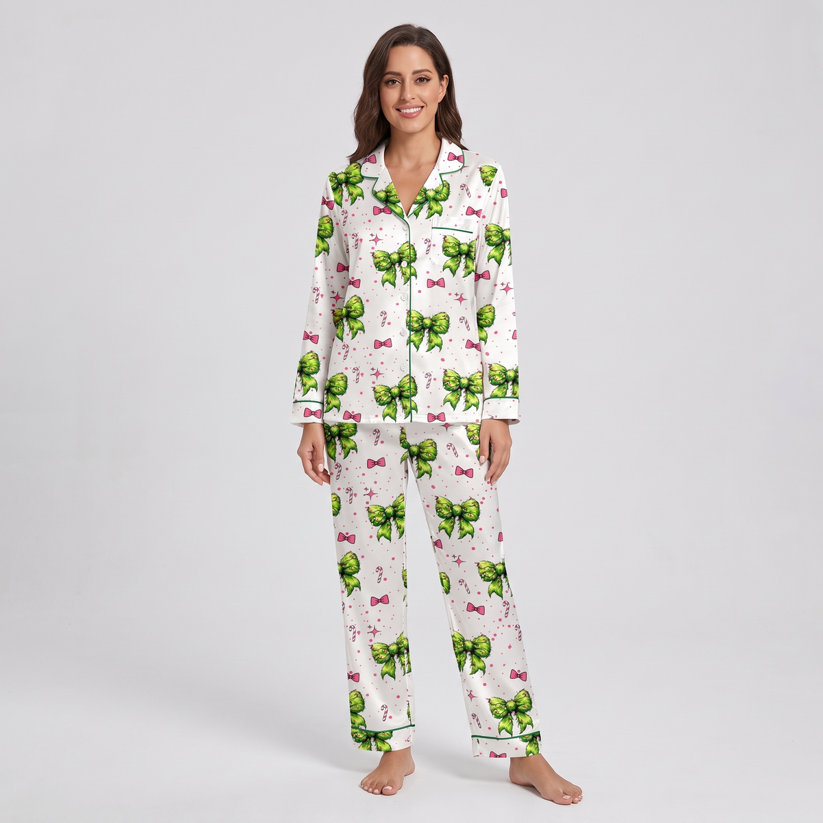 Lime Bows & Ornaments Women's Pajama Set - long sleeve and pants