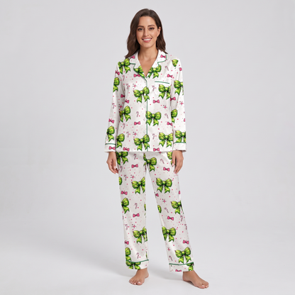 Lime Bows & Ornaments Women's Pajama Set - long sleeve and pants