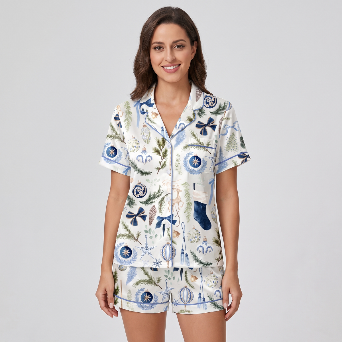 Royal Blue Watercolor Christmas Women's Pajama Set - short sleeve and shorts