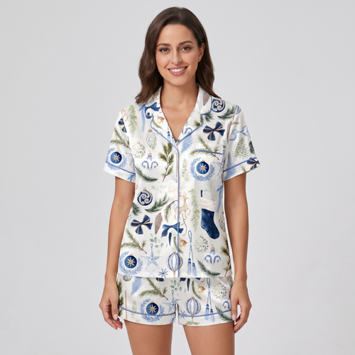 Royal Blue Watercolor Christmas Women's Pajama Set - short sleeve and shorts