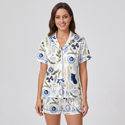 Royal Blue Watercolor Christmas Women's Pajama Set - short sleeve and shorts