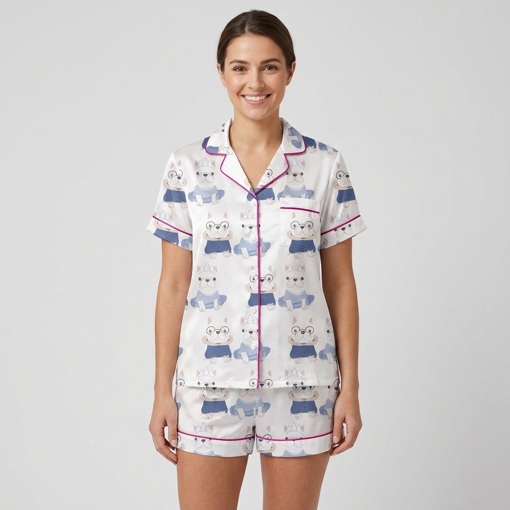 Women's satin pajama set with frenchies in round glasses and navy jackets beside a tiara-wearing pup in a tutu - short sleeve and shorts