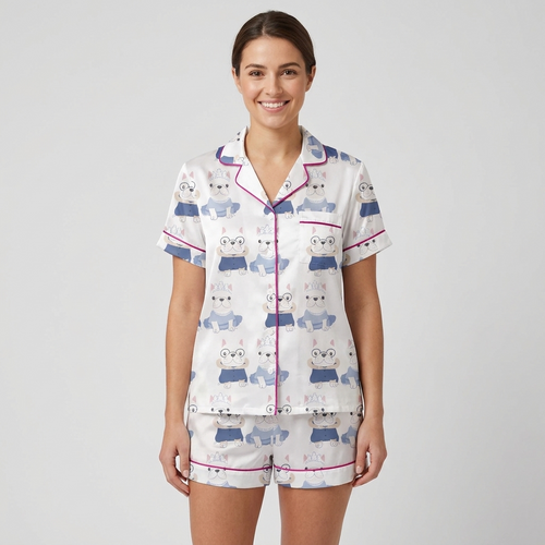 Women's satin pajama set with frenchies in round glasses and navy jackets beside a tiara-wearing pup in a tutu - short sleeve and shorts