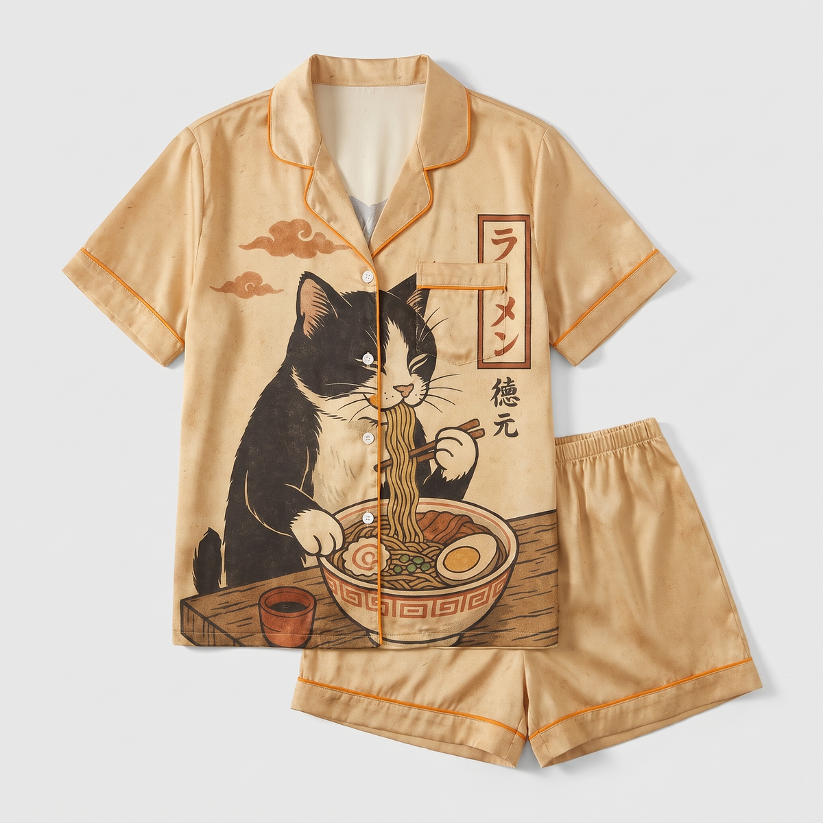 Ramen Night Cat Women's Pajama Set - flat lay