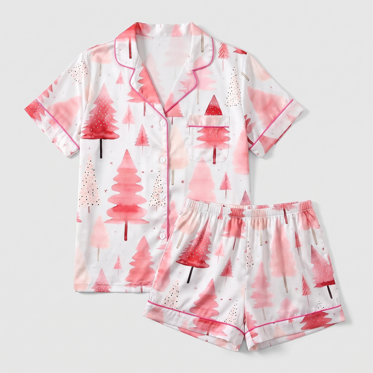 Pink Watercolor Trees Women's Pajama Set - flat lay