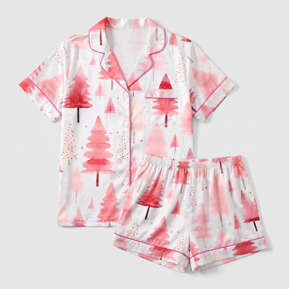 Pink Watercolor Trees Women's Pajama Set - flat lay