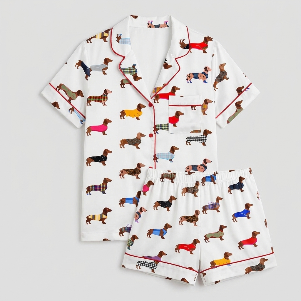 Women's long-sleeve satin pajama set with rows of dachshunds in rainbow tartan and striped sweaters on white - flat lay