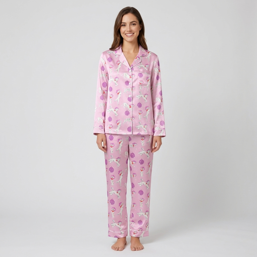 Women's satin pajama set with white pups in pink cowboy hats among purple disco balls on pink - long sleeve and pants