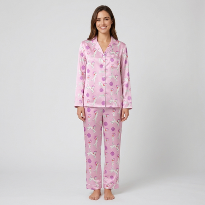 Women's satin pajama set with white pups in pink cowboy hats among purple disco balls on pink - long sleeve and pants