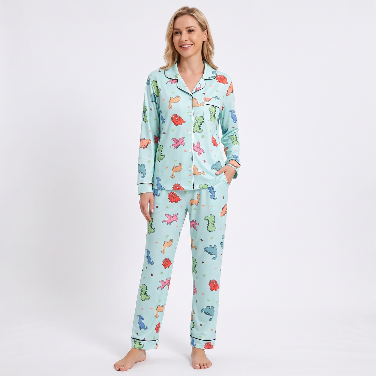 Dino Dreams Women's Pajama Set - Mint - long sleeve and pants
