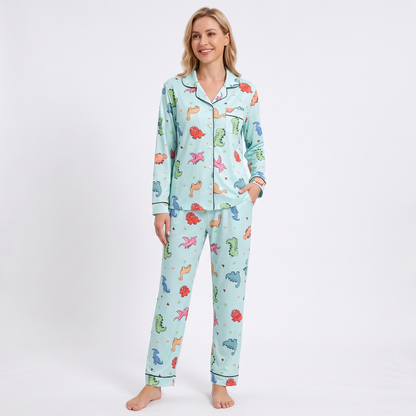 Dino Dreams Women's Pajama Set - Mint - long sleeve and pants