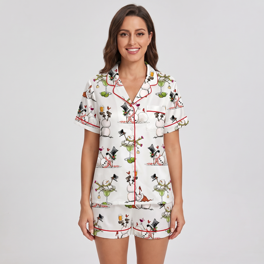 Snowman Happy Hour Women's Pajama Set - short sleeve and shorts