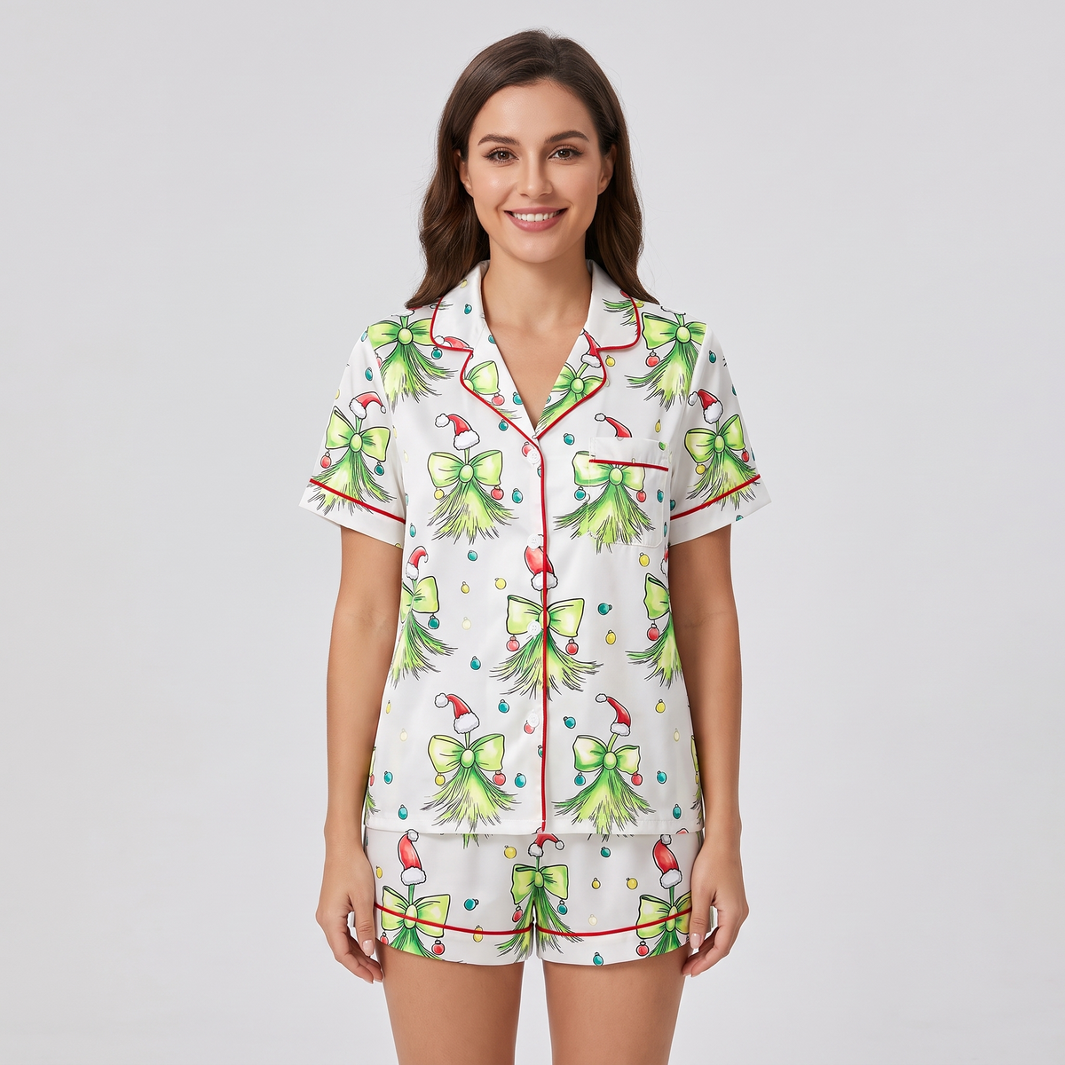 Santa Hat Green Bows Women's Pajama Set - short sleeve and shorts