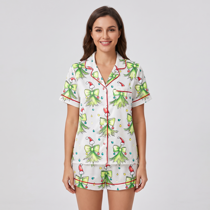 Santa Hat Green Bows Women's Pajama Set - short sleeve and shorts