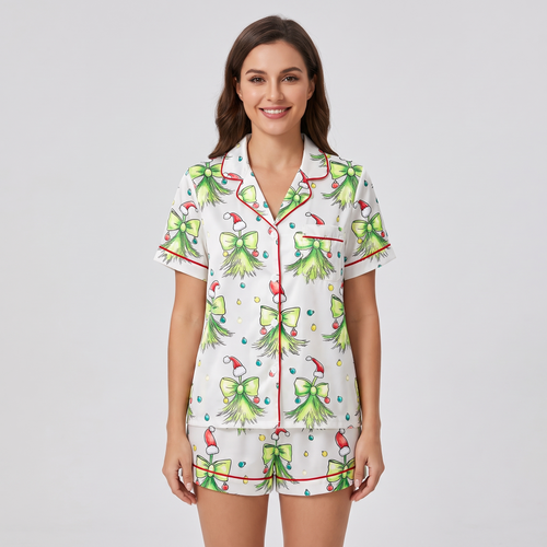 Santa Hat Green Bows Women's Pajama Set - short sleeve and shorts