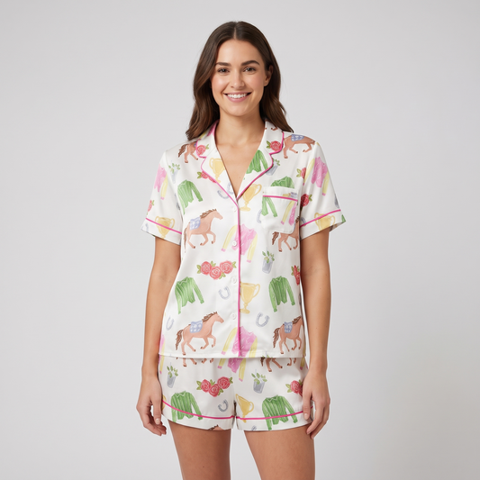 Pastel Silks Rosy Horses Women's Pajama Set - short sleeve and shorts