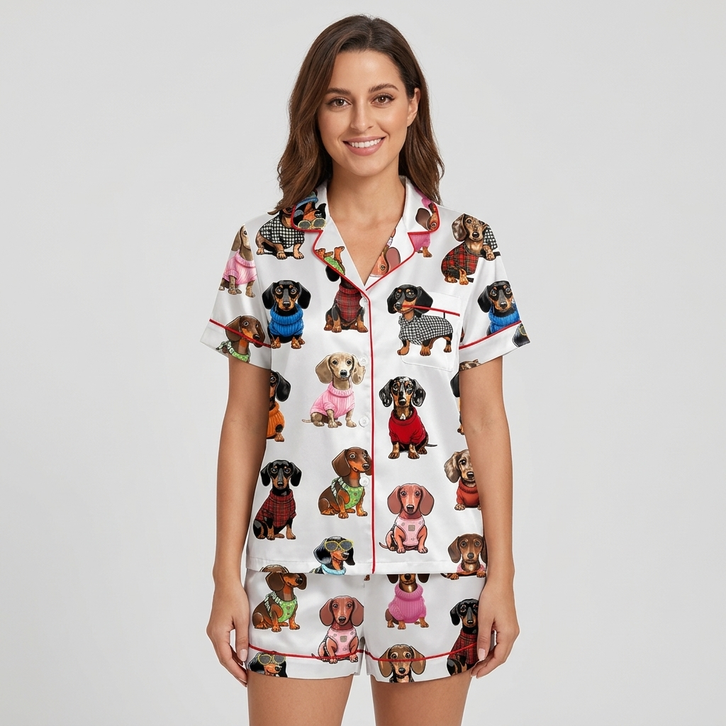 Women's long-sleeve satin pajama set with dachshund portraits in red, orange, blue and pink knits on white - short sleeve and shorts