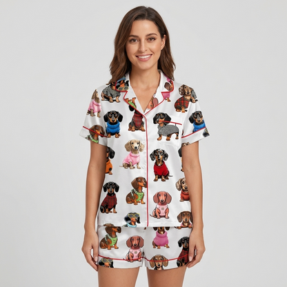 Women's long-sleeve satin pajama set with dachshund portraits in red, orange, blue and pink knits on white - short sleeve and shorts