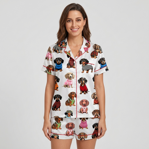 Women's long-sleeve satin pajama set with dachshund portraits in red, orange, blue and pink knits on white - short sleeve and shorts